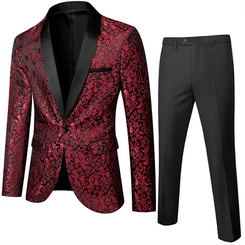 Fashion Men Luxury Wedding Suit Gold / Black / Burgundy / White Classic Homme Jacquard Tuxedo Dress Sets