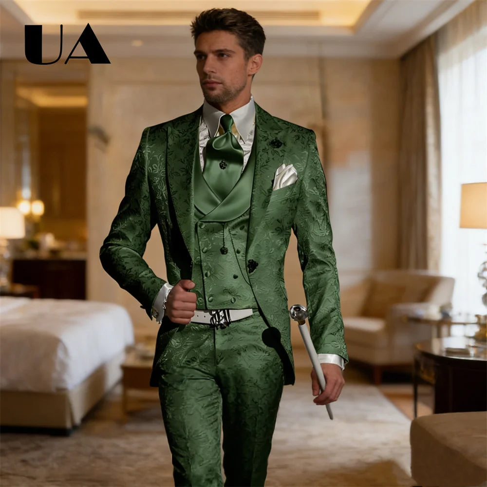 Custom Tailored Mens Three Piece Wedding Suit Jacket Pants Waistcoat Jacquard Prom Suit Attires Blazer Trousers Vest
