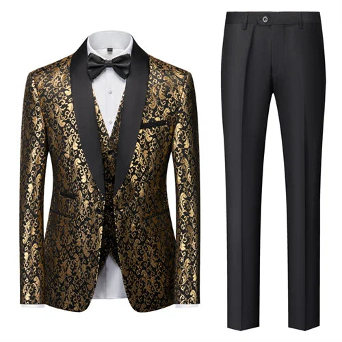 Fashion Men Luxury Wedding Suit Gold / Black / Burgundy / White Classic Homme Jacquard Tuxedo Dress Sets