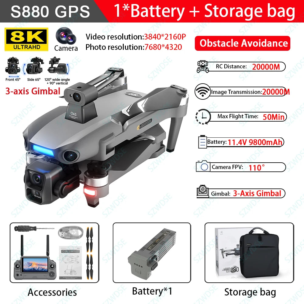S880 Max Fishing GPS Drone 8K Dual Camera 5G Wifi FPV 3-Axis Gimbal Professional Obstacle Avoidance Quadcopter Airdrop RC Dron