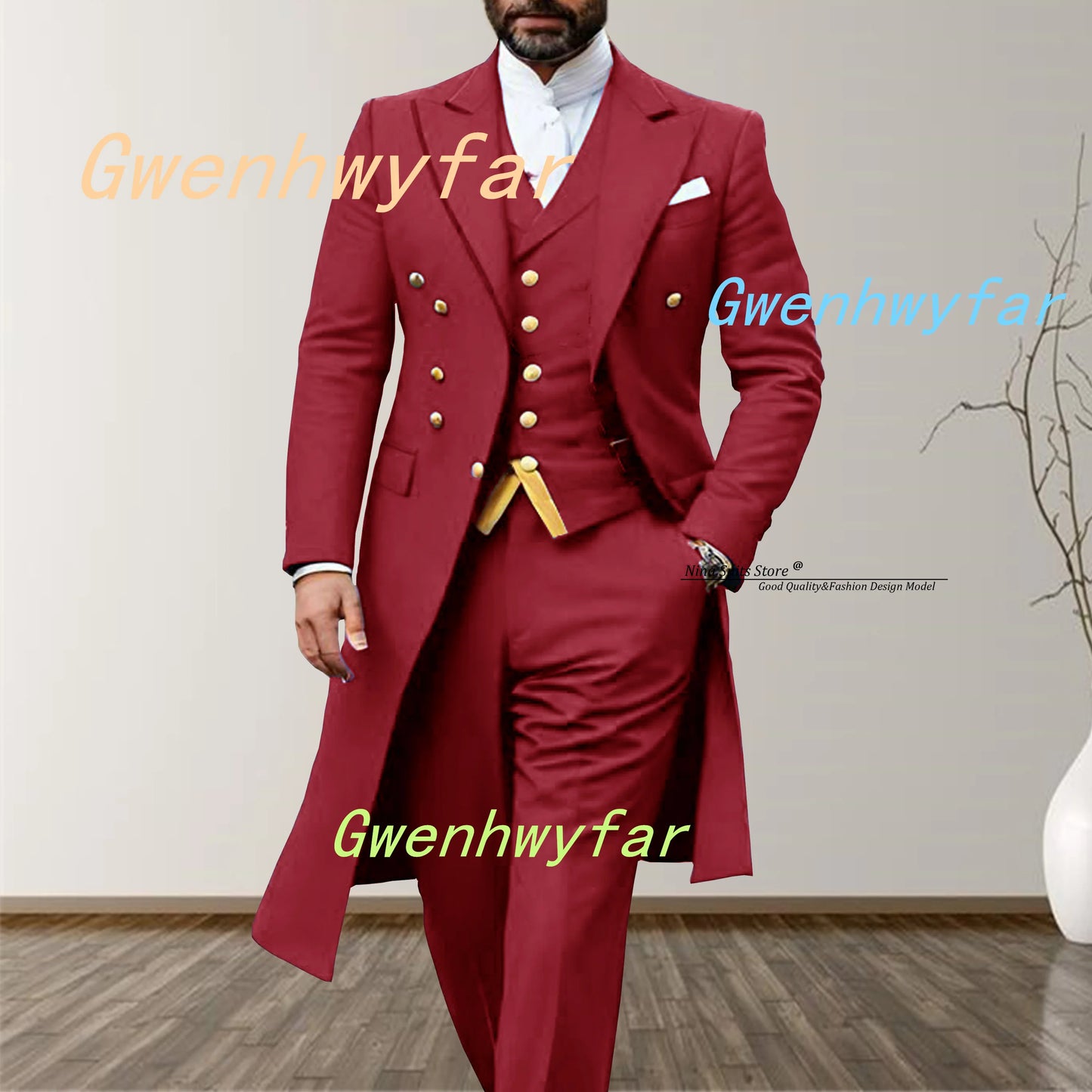 Gwenhwyfar 2025 Elegant Long Men's Suits 3-piece set of Turquoise Men's Wedding Costume with Golden Stitching Vest Casual Pants