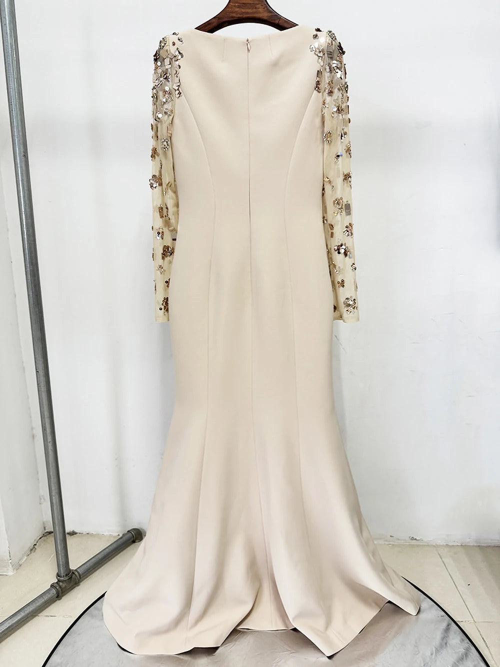 Modphy Diamonds Beaded Sequins Formal Evening Dress Lace Long Sleeves Mermaid Women's Gowns Trumpet Elegant Wedding Party Dress