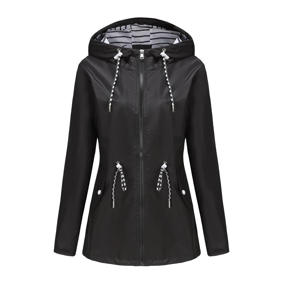 Red Waterproof Hooded Jacket, Women Fashion Casual Coat, Waist Drawstring Tie Zipper Switch Blue Green Yellow Black Windbreaker