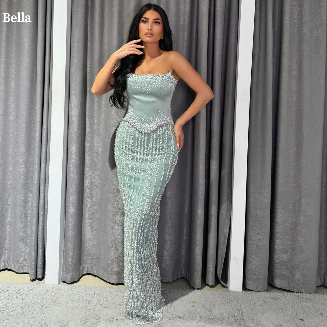 Bella Customized Beading Strapless Mermaid robes de soirée Strapless Backless Sleeveless Party Dresses Floor-Length Prom Dress