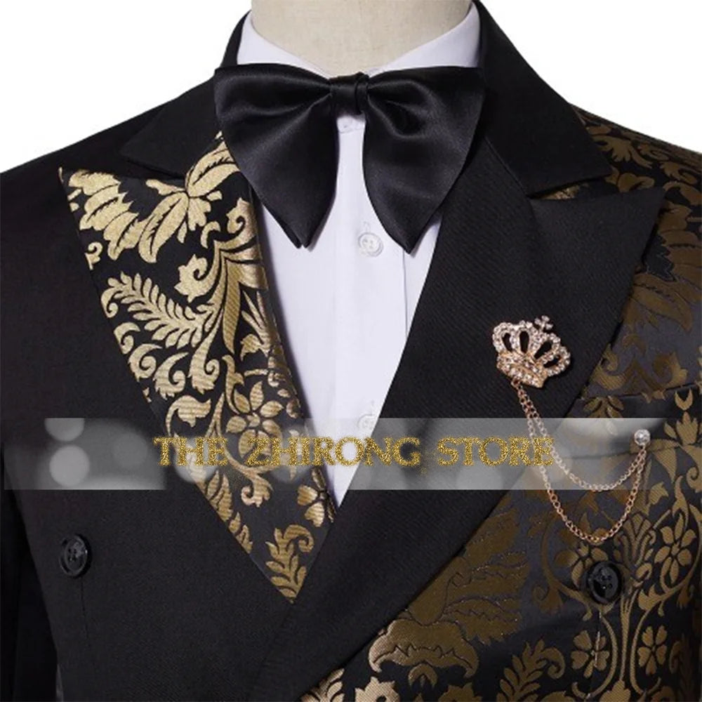 Black Gold Jacquard Suit of Mens 2pcs Double Breasted Jacket Pants Tailored Clothes for Wedding Grooms Banquet Party Tuxedo