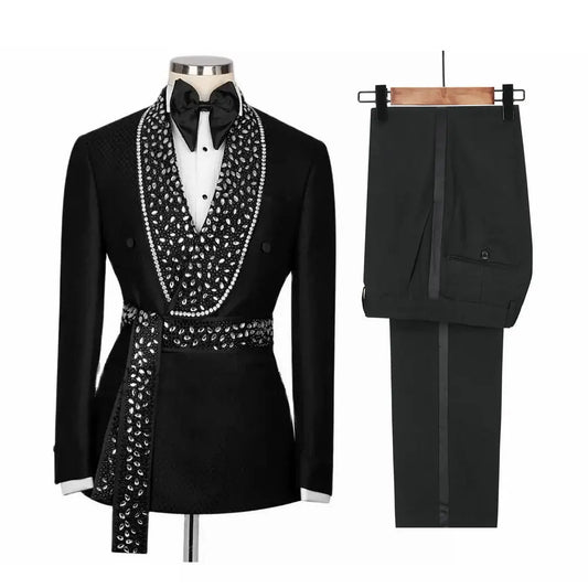 Black Men Suits Set 2 Pieces Blazer+Pant+Belt Crystal Beadding Prom Groom Wedding Tuxedo Tailored Made Formal Party Outfit