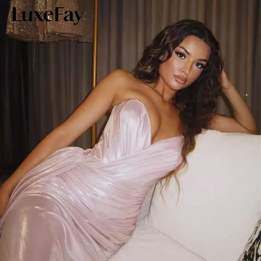 LuxeFay Long Mermaid Pleat Evening Dresses Formal Party Gowns for Women Strapless Sleeveless Elegant Prom Gown Customized