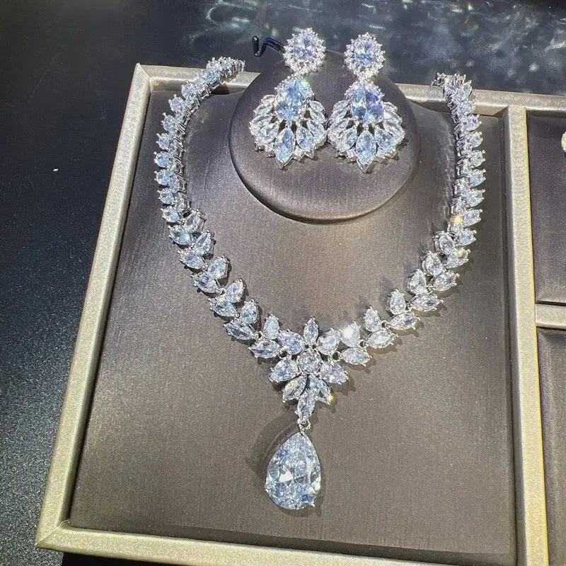 Charm Flower Lab Diamond Jewelry Set 14K White Gold Engagement Wedding Earrings Necklace for Women Bridal Promise Gift