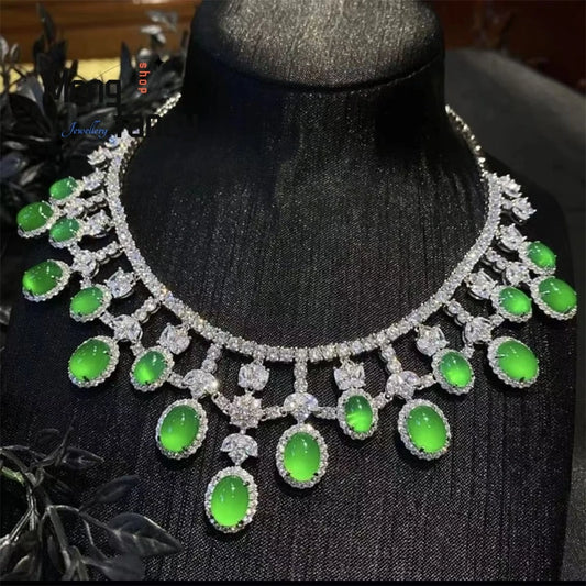 Luxurious Ice-Type Emerald Jadeite Chalcedony Necklace Plated With 925 Silver, And A Natural Green Chalcedony Banquet Chain