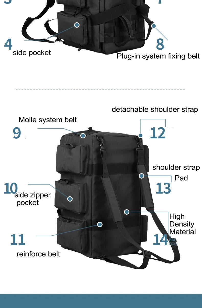 55L Luggage Duffel Bag Camping Backpack Tactical Large Bags Men's Hiking Travel Mountaineering Trip Utility Gym Weekend Duffle