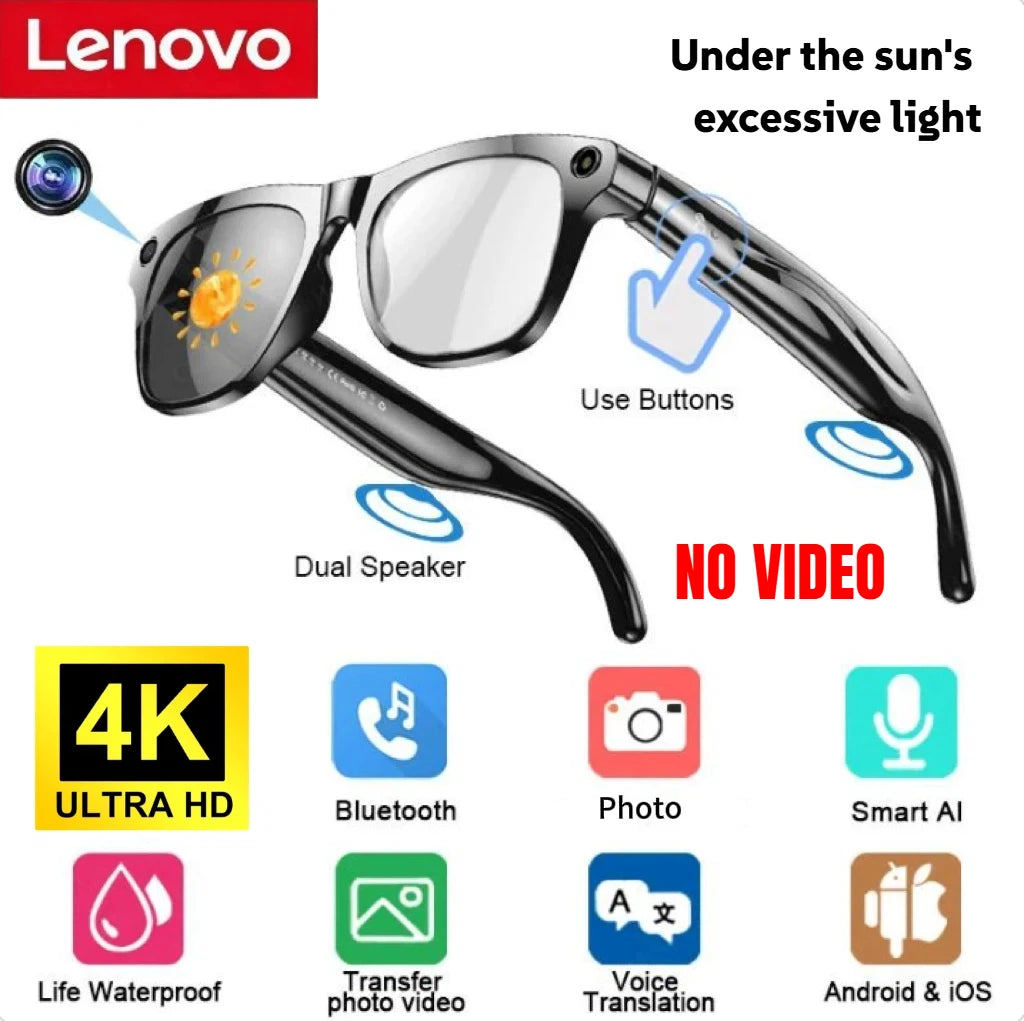 Lenovo AI Smart Glasses 800W Anti Shake HD Camera Video Recording Languages Translation Sunglasses BluetoothMusic Play Man Women