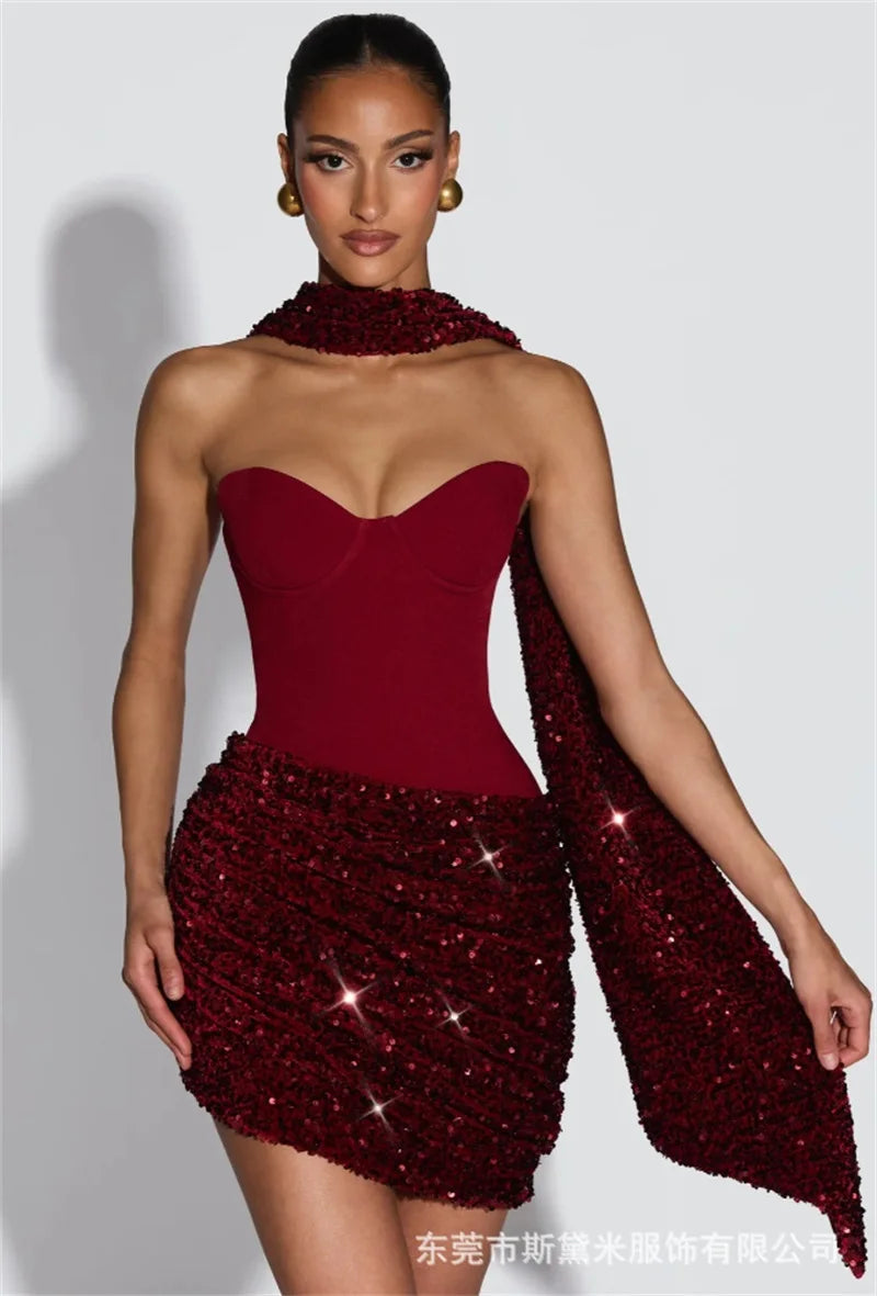 Red & White Sequin Halter Neck Mini Dress with Detachable Scarf ,Strapless Bodice, Bodycon Fit, Evening Party Club Wear Dress