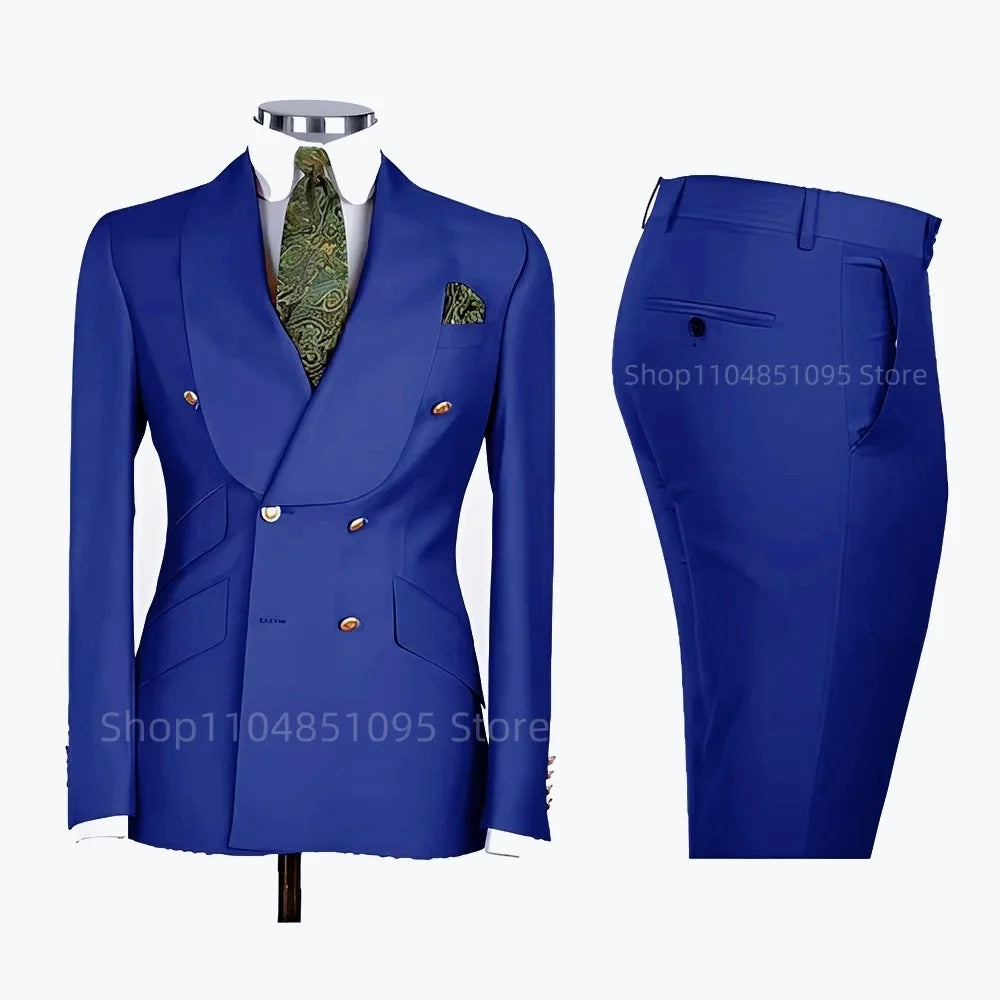 2 PCS Men's Smart Casual Solid Formal Tuxedo Suits with Shawl Lapel Double Breasted Jacket And Pants for Business And Wedding