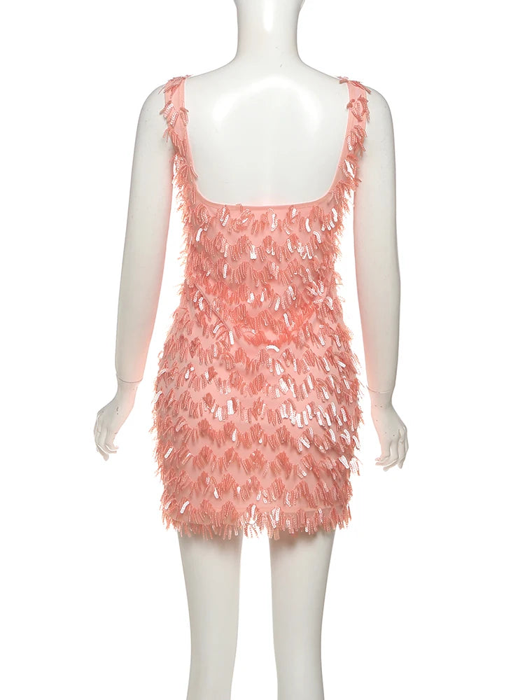 Nibber Fashion Sequins Tassel Mini Dress Women Summer New Trend Square Collar Sleeveless Backless Splits Hem Midnight Outfits