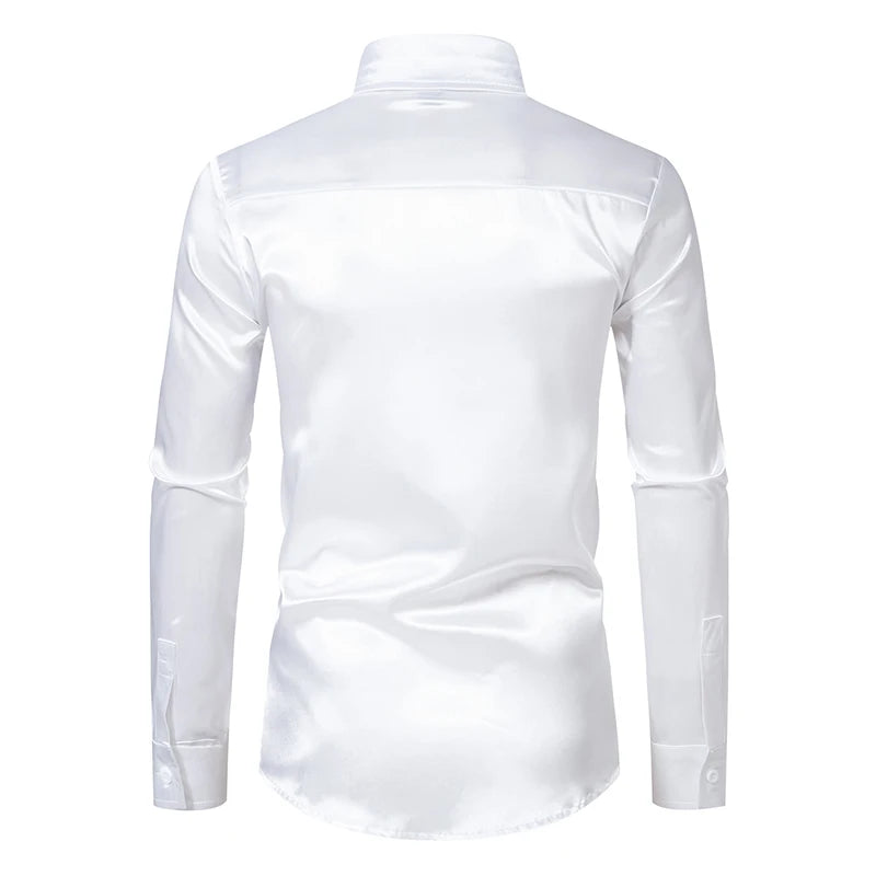 Men's Black Satin Luxury Dress Shirts Fashion Silk Smooth Tuxedo Shirt Solid Wedding Party Prom Casual Shirt Business Office