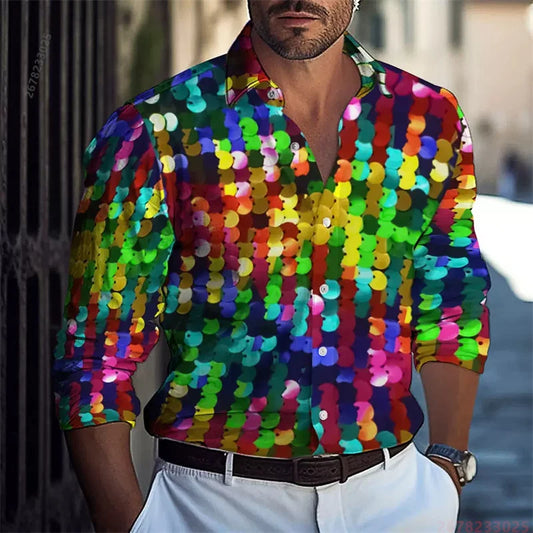 2026 New Colorful Sequin Print Long-Sleeve Shirt for Men, Trendy and Unique Colorful Casual Collared Cardigan Party Top