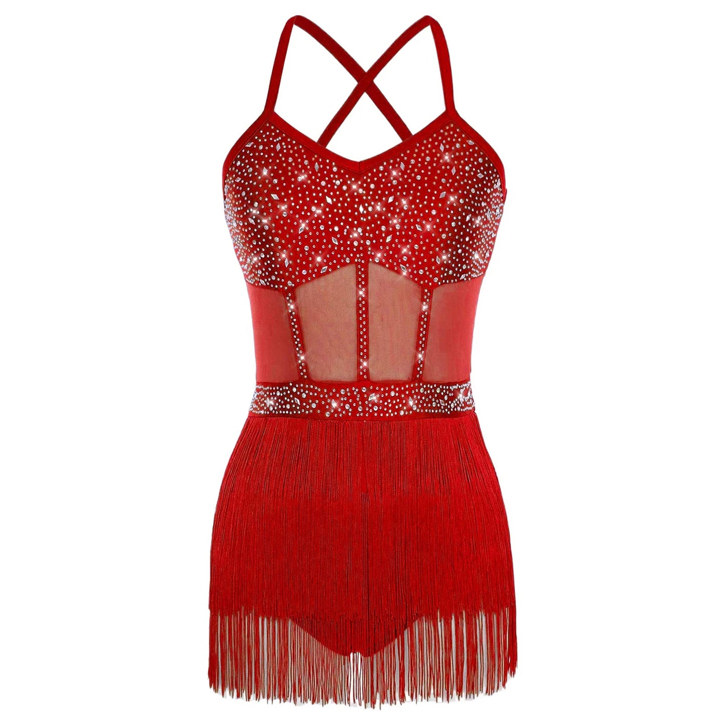 Womens Latin Dance Dress Sheer Mesh Patchwork Tiered Tassel Bodysuit Dress and Gloves for Tango Samba Dance Ballroom Dancewear