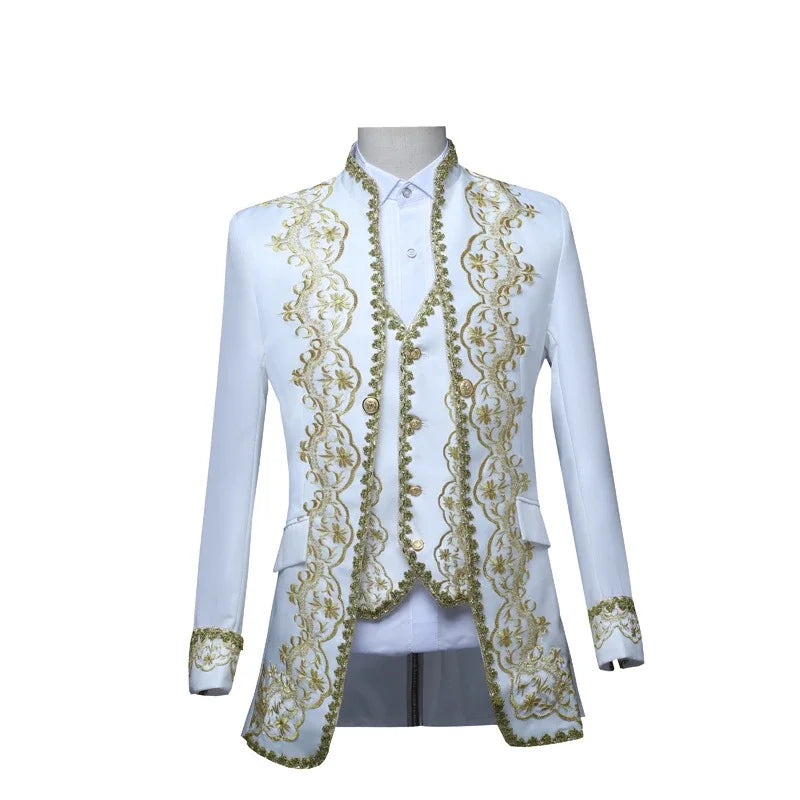 European Gold Vintage Tuxedo Men's Suit 3-Piece, Black Opera,Stage Performance Costume,White Men Sets S,M,L,XXL,3XL,4XL