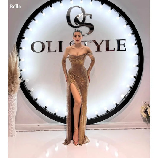 Bella Customized Champagne Side Slit robes de soirée One Shoulder Sequins Sleeveless Evening Dresses Floor-Length Wedding Dress