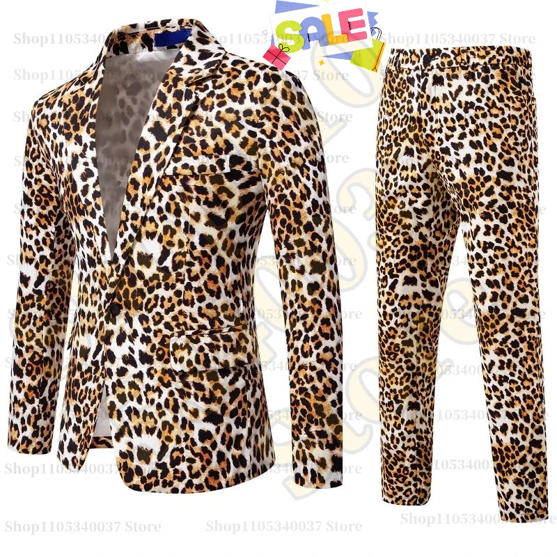 2026 Yellow Digital Print Leopard Print Suits Set for Men,Leopard Print Fashion Casual Slim-Fit Men's Blazer + Pants 2-Piece Set
