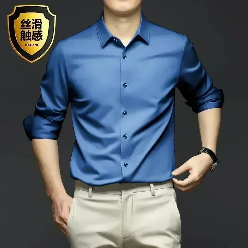 S-6XL Men's Long Sleeve Shirt Luxury Wrinkle Resistant Pure White Shirt Business Dress Casual Ice Silk Glossy Shirt