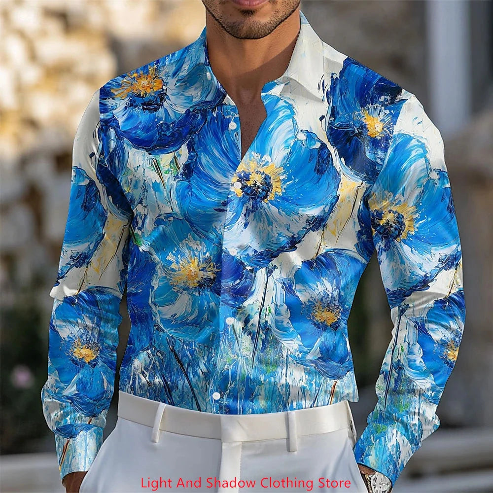 Spring and Autumn Men's Blue and White Porcelain Printed Men's Shirt Fashion Daily Vacation Collar Comfortable Soft Shirt