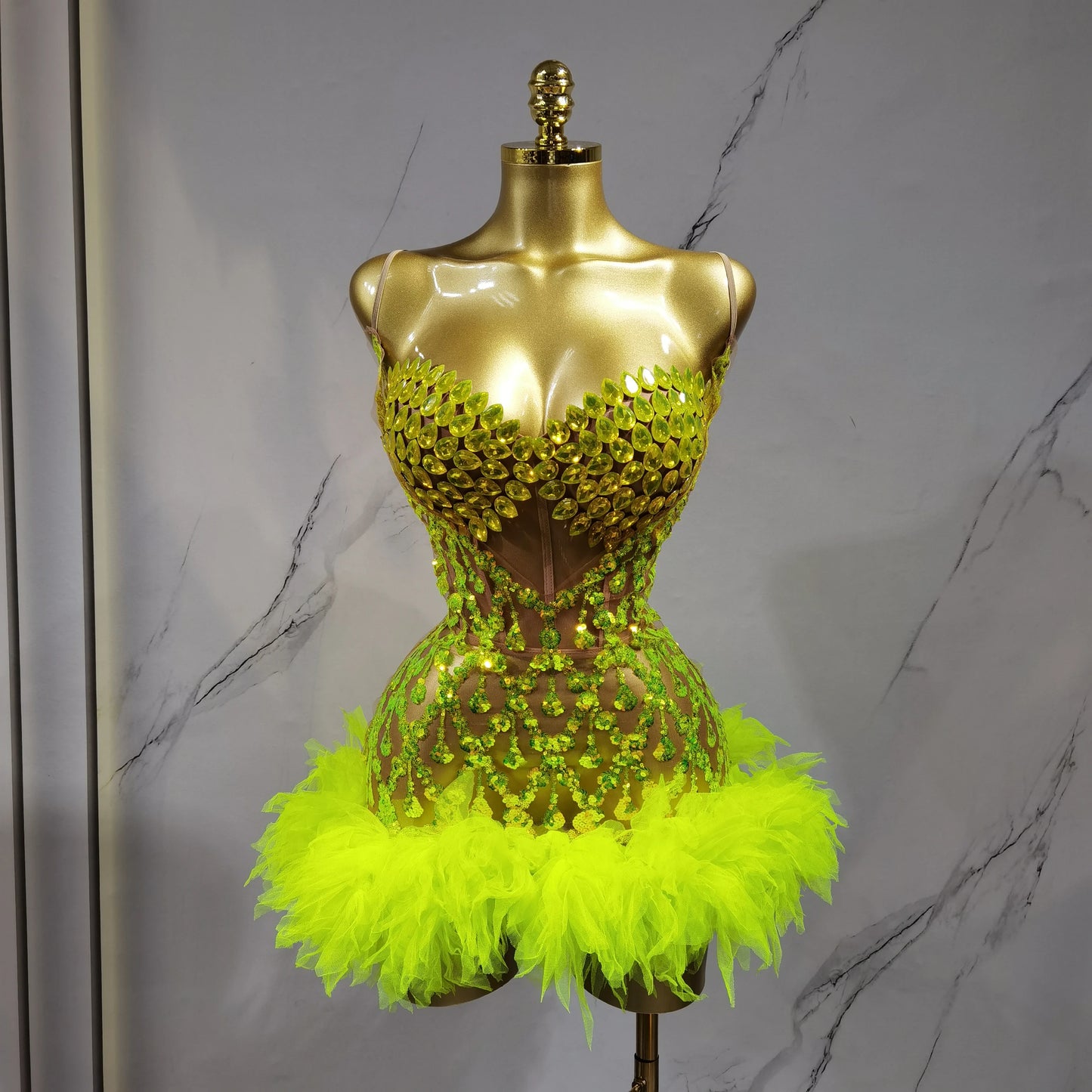 Fluorescent yellow Rhinstone Mesh tube top evening dress sing Gala Elegant Women Party Birthday Special Ocassion Sexy costume