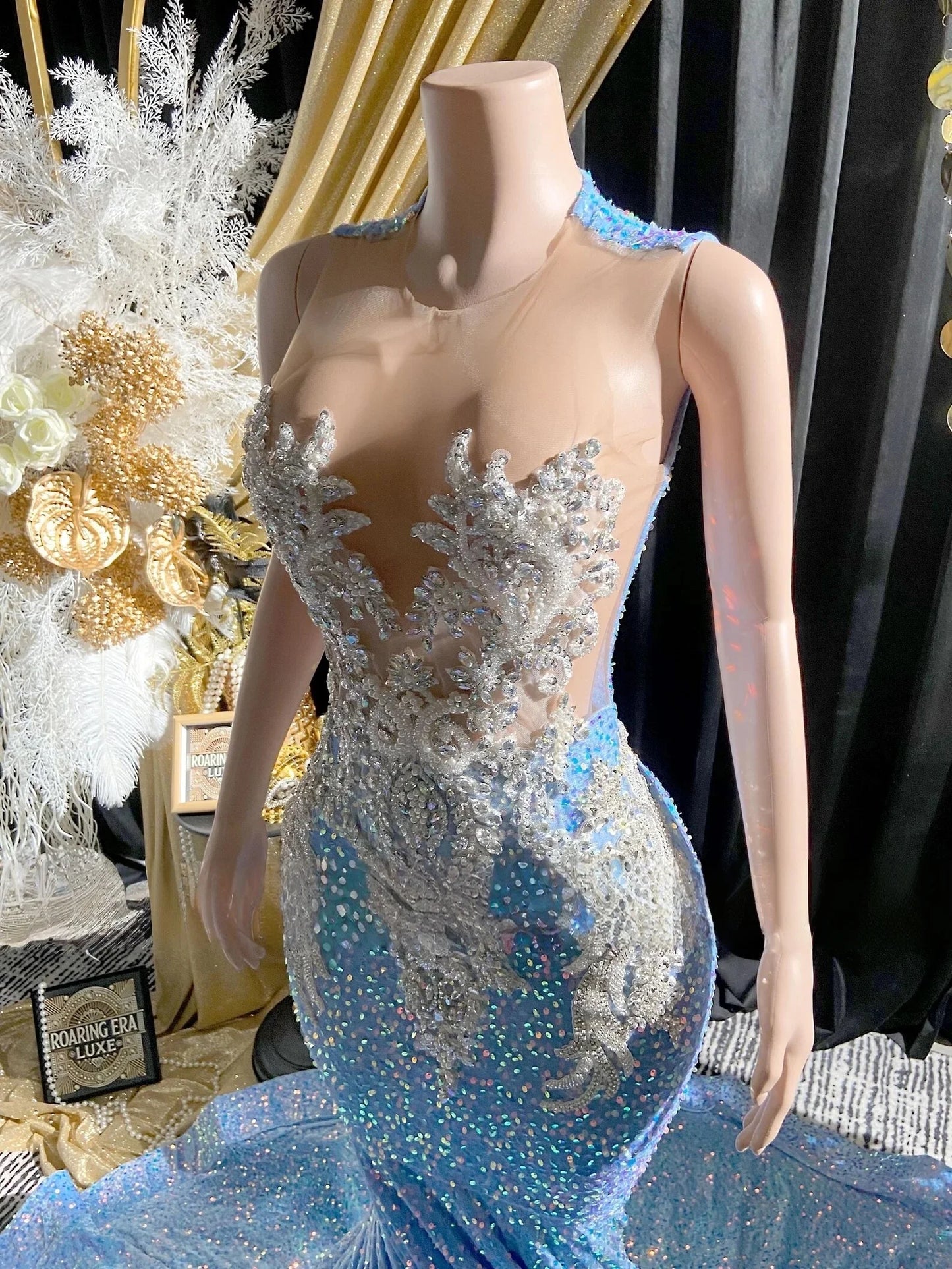 Blue Long Prom Dresses For Black Girls Sheer Sequins Beaded American African Evening Gowns Birthday Party Robe Customized