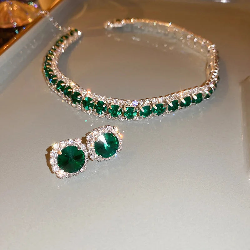 Luxury Green Rhinestone Necklace Stud Earrings For Women Crystal Choker Necklaces Ladies Fashion Weddings Banquet Jewelry Set