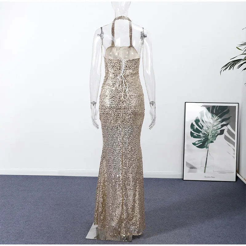 Women's Gold Sequin Halter Gown Square Neck Ruched Detail Mermaid Train Slim Fit Elegant Evening Party Formal Lady Fashion Dress