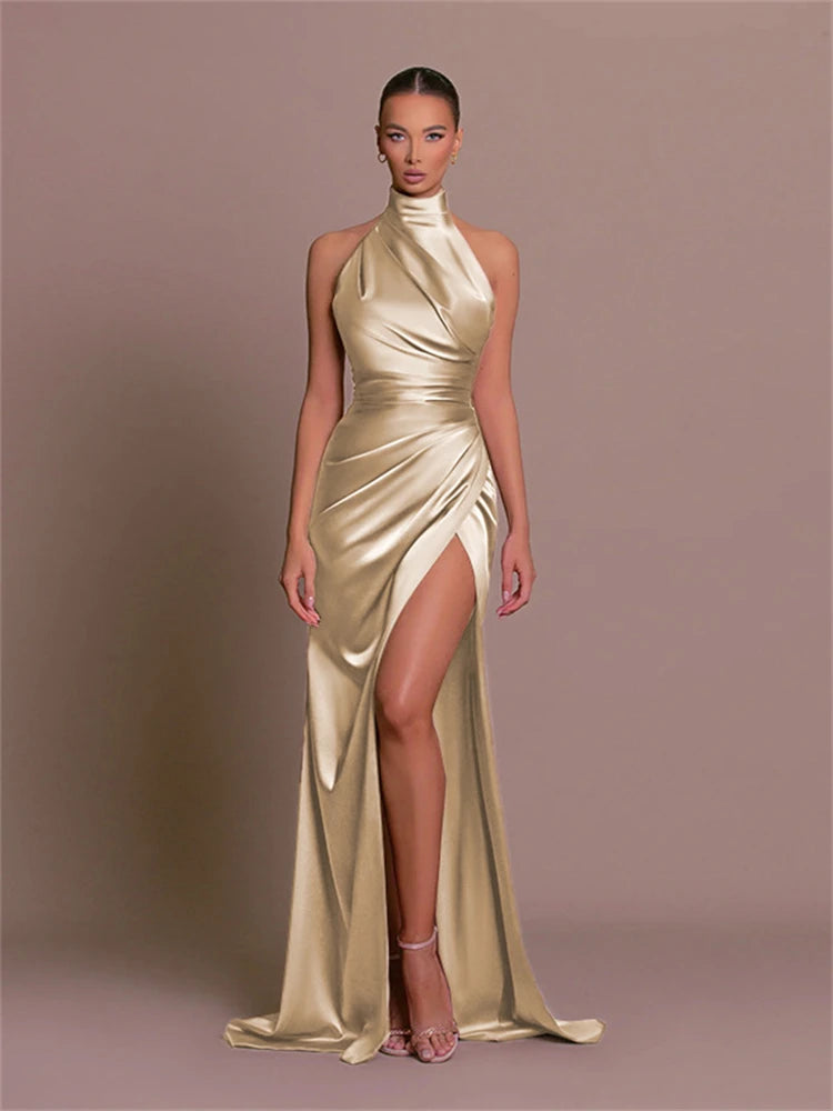Ladies Summer Satin Evening Birthday Party Dresses Women Sleeveless Backless Halter Side Slit Elegant Long Dress Mowan Clothes