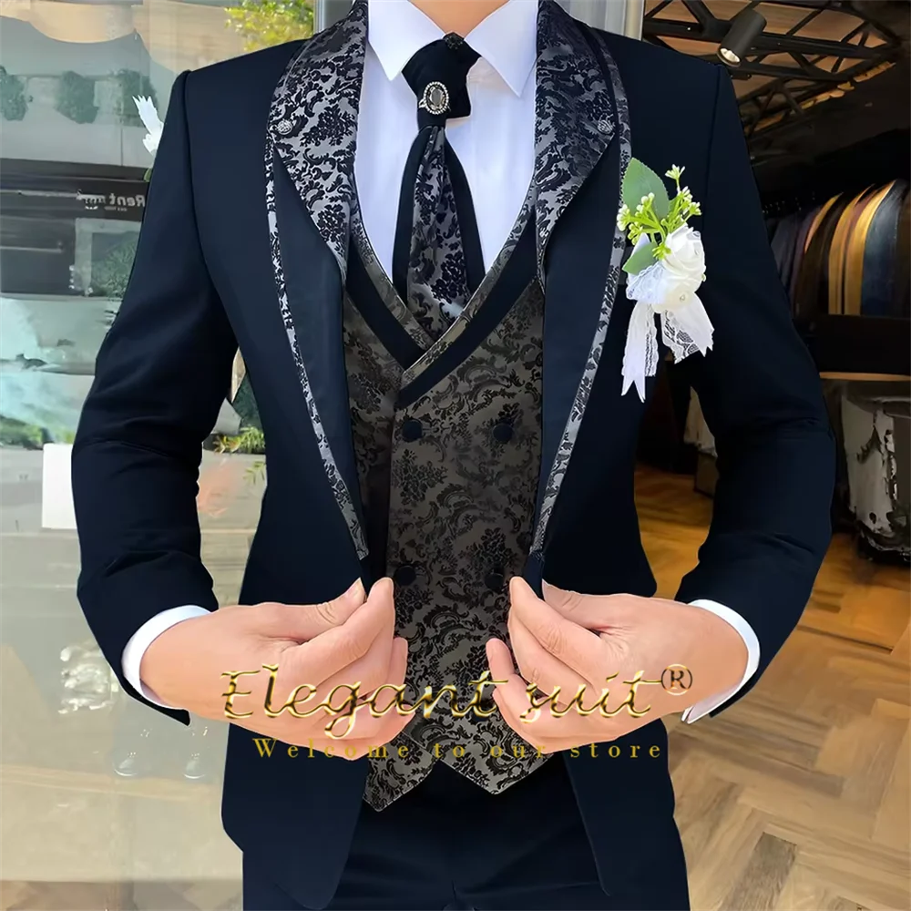 Men's 3-Piece Suit Set, Black Jacquard Vest, Contrast Style, Suit, Vest & Trousers, Weddings & Celebrations Choice