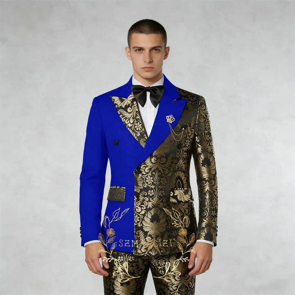 Black And Gold Floral Men's Suit 2 Piece Double Breasted Jacket Wedding Groom Tuxedo Formal Blazer Pants Sets terno masculino