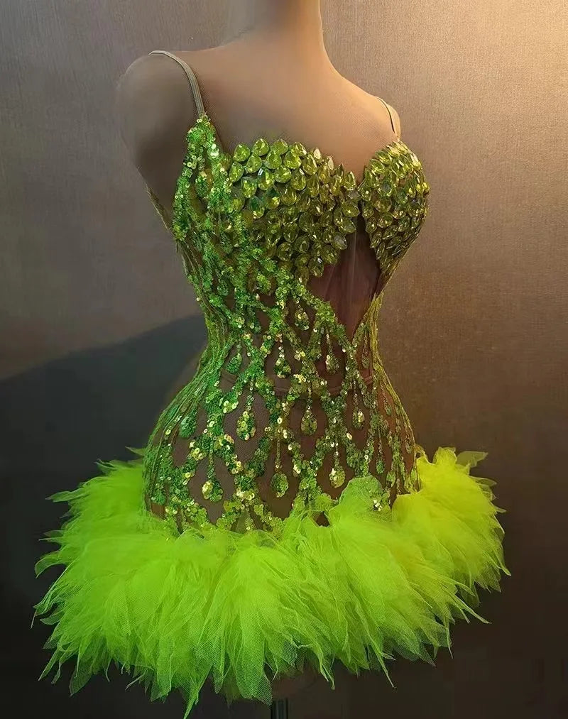 Fluorescent yellow Rhinstone Mesh tube top evening dress sing Gala Elegant Women Party Birthday Special Ocassion Sexy costume