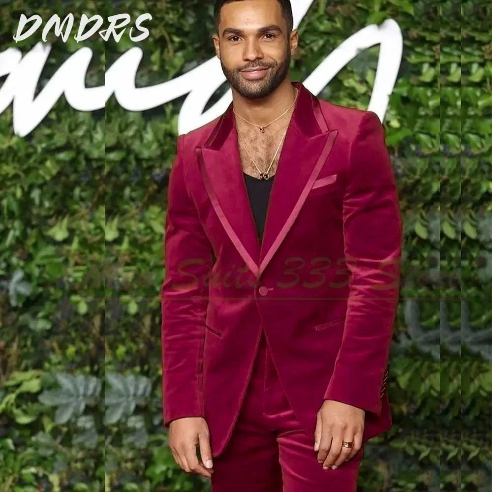 Elegant V-neck Velvet Single button Men Suits High Quality Fashion 2 PCS Jacket Pants Classic Groom 2025 Wedding Slim Fit Outfit