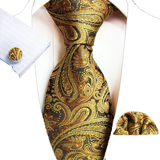 Luxury Men Tie Gold Paisley Necktie Set For Man Brand Business Daily Wear Gift Fit Wedding Workplace Suit Accessories Wholesale