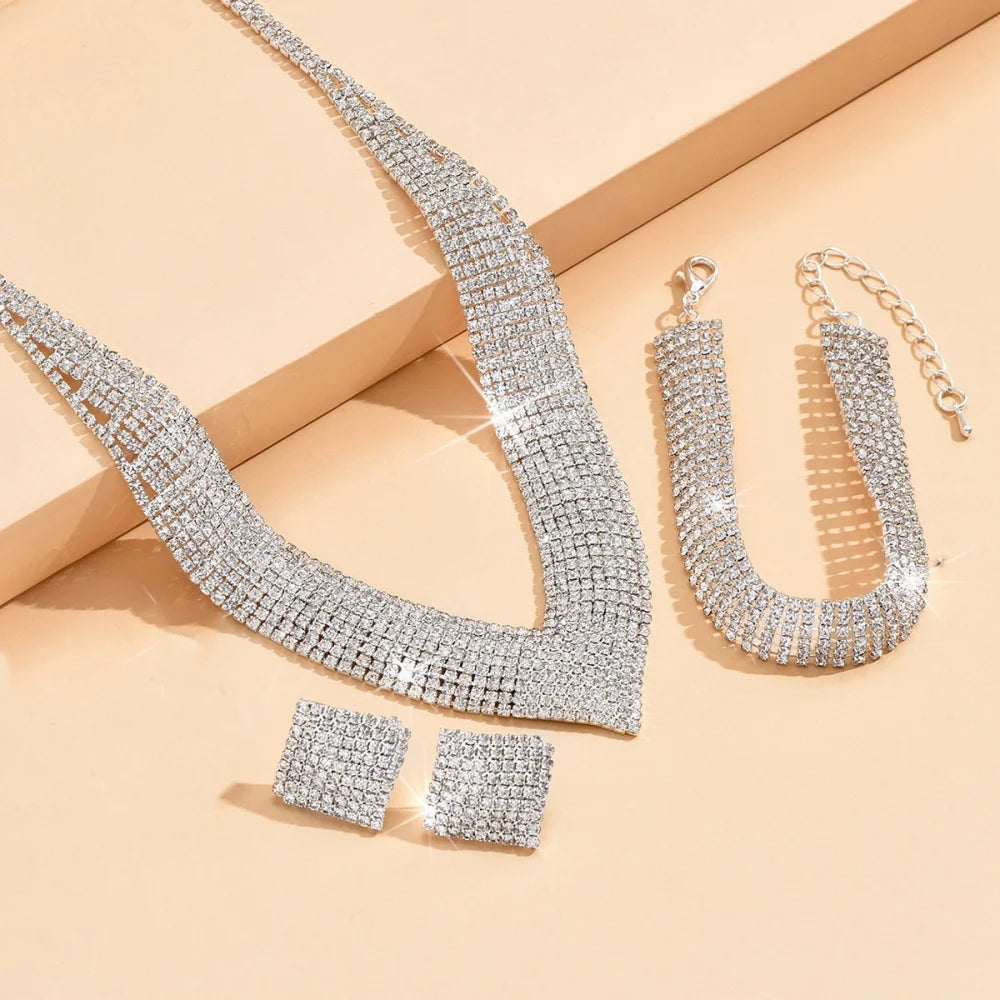 2025 New Middle East Hot Selling Four Piece Set Fashionable Silver Color Necklace Bracelet Ring Jewelry Set Bridal  Accessories