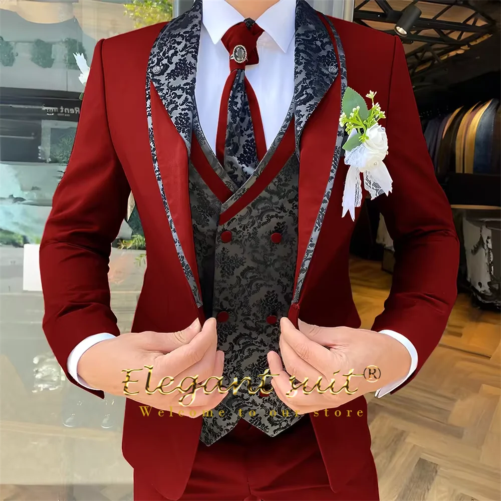 Men's 3-Piece Suit Set, Black Jacquard Vest, Contrast Style, Suit, Vest & Trousers, Weddings & Celebrations Choice