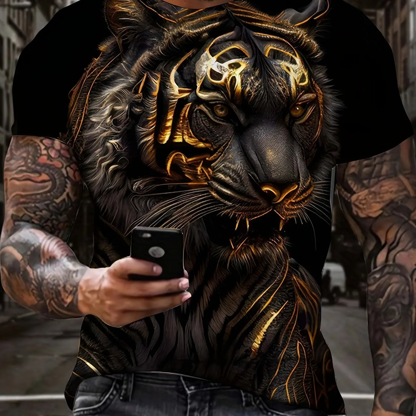 Lion and Crown Cool 3D Graphic Printing Men's Novelty Short Sleeve Round Neck T-shirt, Summer Outdoor