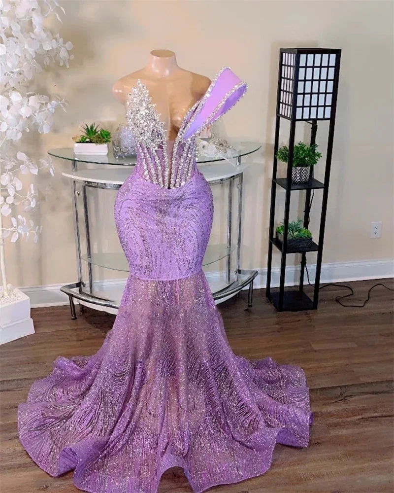 Lilac African American Prom Dresses For Black Girls Mermaid V-neck Sparkly Beaded Robe De Soiree Evening Gown Customized