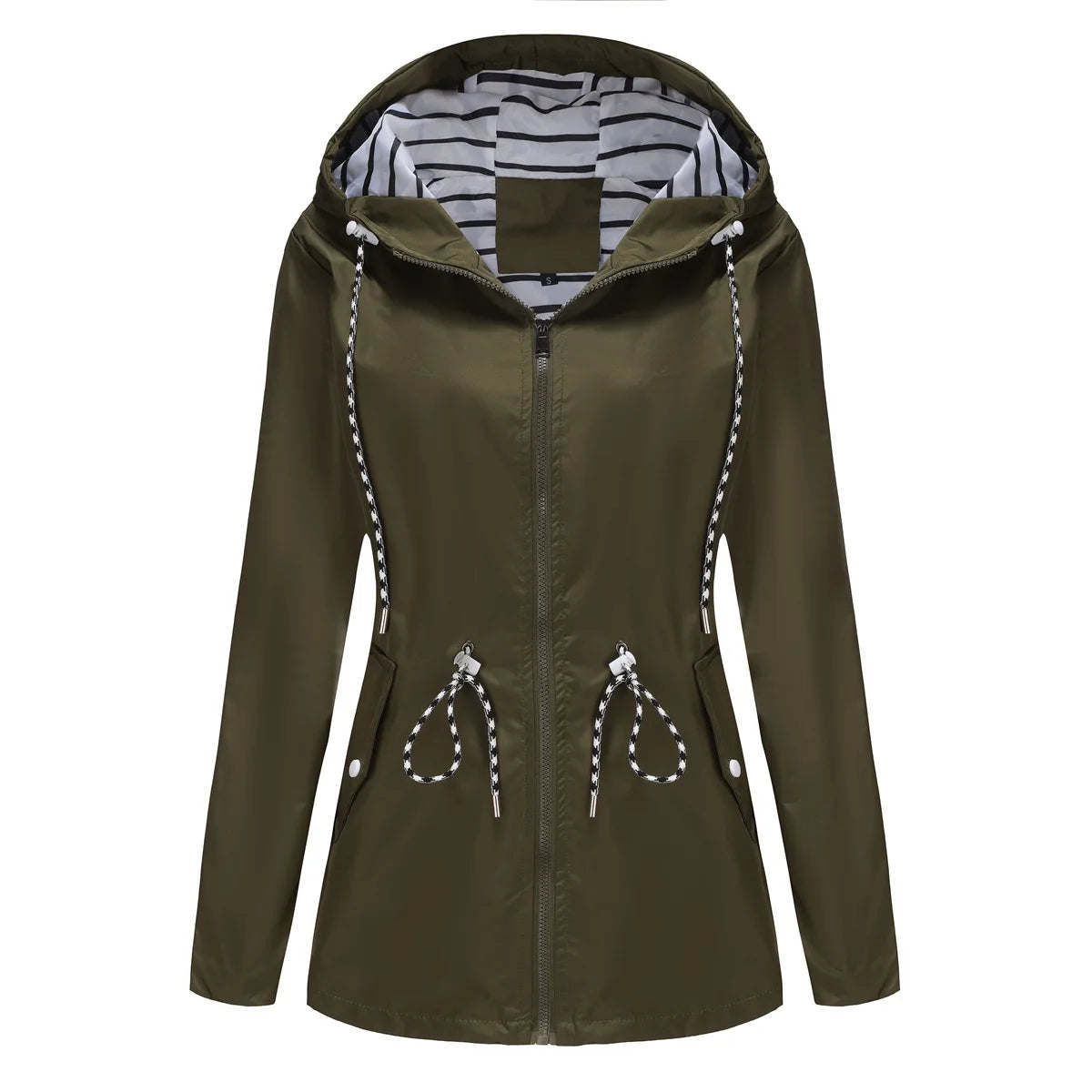 Red Waterproof Hooded Jacket, Women Fashion Casual Coat, Waist Drawstring Tie Zipper Switch Blue Green Yellow Black Windbreaker