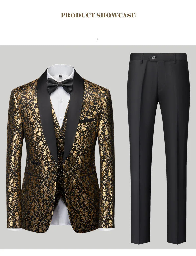 Fashion Men Luxury Wedding Suit Gold / Black / Burgundy / White Classic Homme Jacquard Tuxedo Dress Sets