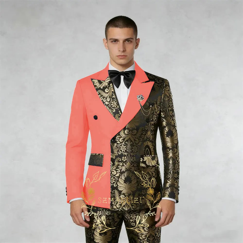 Black And Gold Floral Men's Suit 2 Piece Double Breasted Jacket Wedding Groom Tuxedo Formal Blazer Pants Sets terno masculino