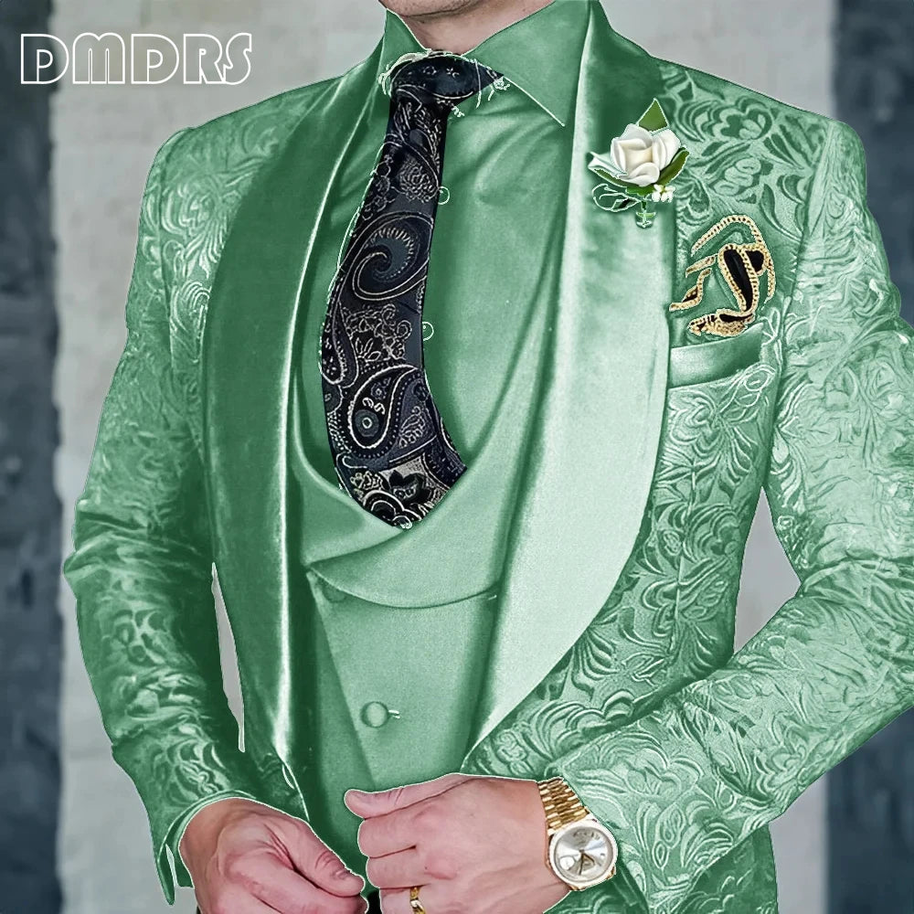 DMDRS | Jacquard Men's 3-piece Suit Set Formal Party Dress Groom's Tuxedo High Quality Elegant Men's Customized Outfit
