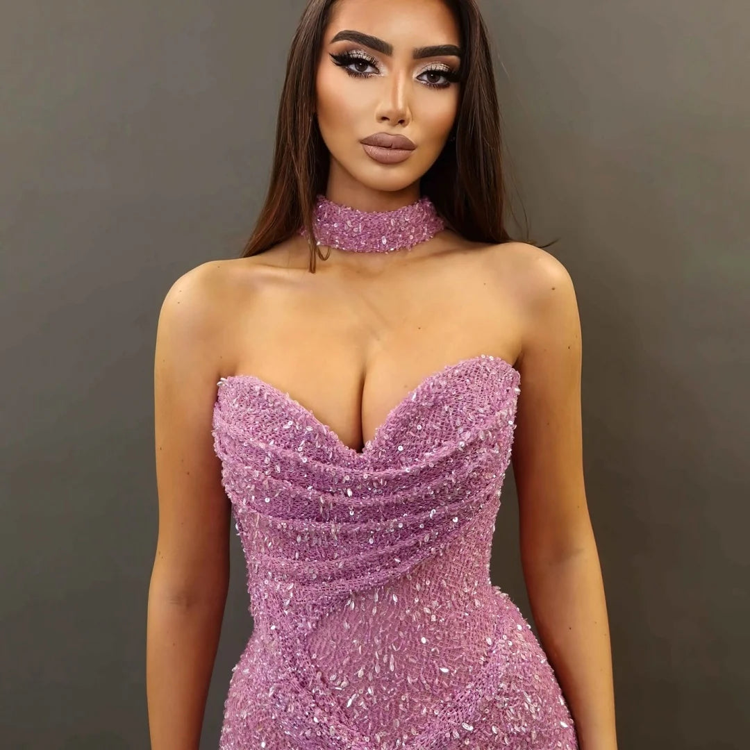 Bella Customize Pink Sequin Strapless Backless robes de soirée Sleeveless A-line Prom Dresses Floor-Length Wedding Dress 2025
