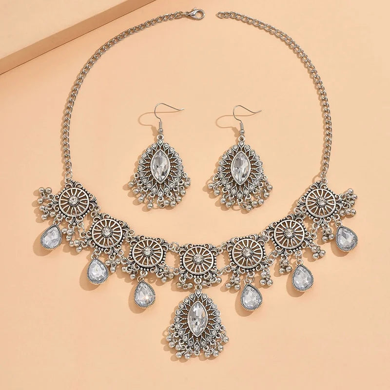 2pcs Vintage Indian Ethnic  Style Jewelry Set For Women Crystal  Inlaid Jewelry Sets  Water Drop Pendant Necklace Earring Set