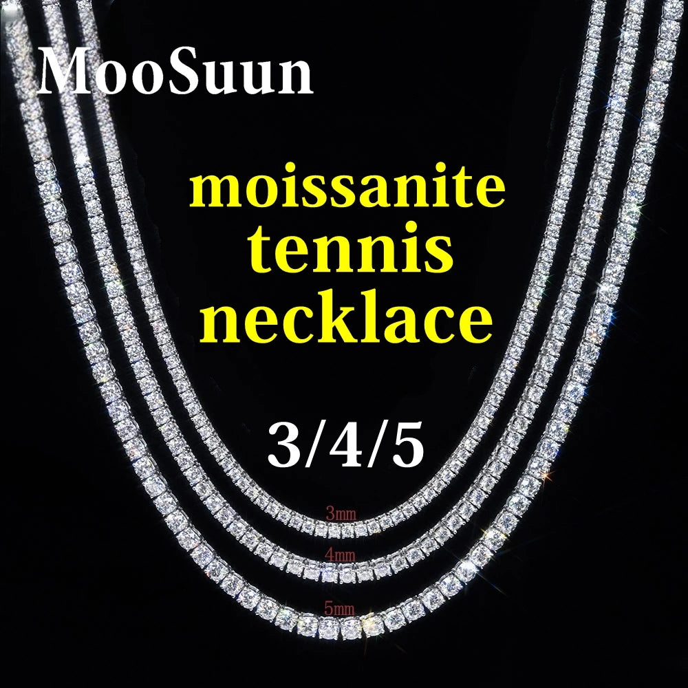 MooSuun 3/4/5/6.5mm Moissanite Tennis Necklace for Women Men Sparkling Lab Diamond S925 Sterling Silver Luxury Fine Jewelry