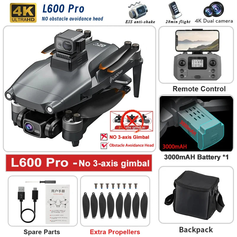 New L600 PRO MAX/PRO GPS Drone 5KM 4K Professional HD Dual Camera 3-Axis Gimbal 360° Obstacle Avoidance Brushless Quadcopter Toy