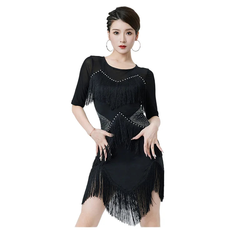 Women's Flapper Dress Fringe Salsa Latin Dance Dress Party Ballroom Dancer Outfits With Shorts Long Sleeve  Tango Samba Rumba