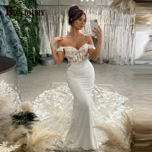 BONJOURY Charming Wedding Dress Mermaid Appliques Button Off the Shoulder Court Train Vestidos De Novia Brautmode Customized